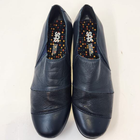 SAS Women Nora Navy Blue Leather Slip On Loafers Size 9.5 M Lizard Print comfort - Picture 2 of 8